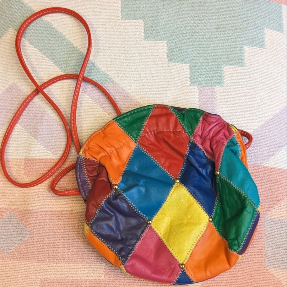 Vintage Leather Rainbow Patchwork Harlequin Purse